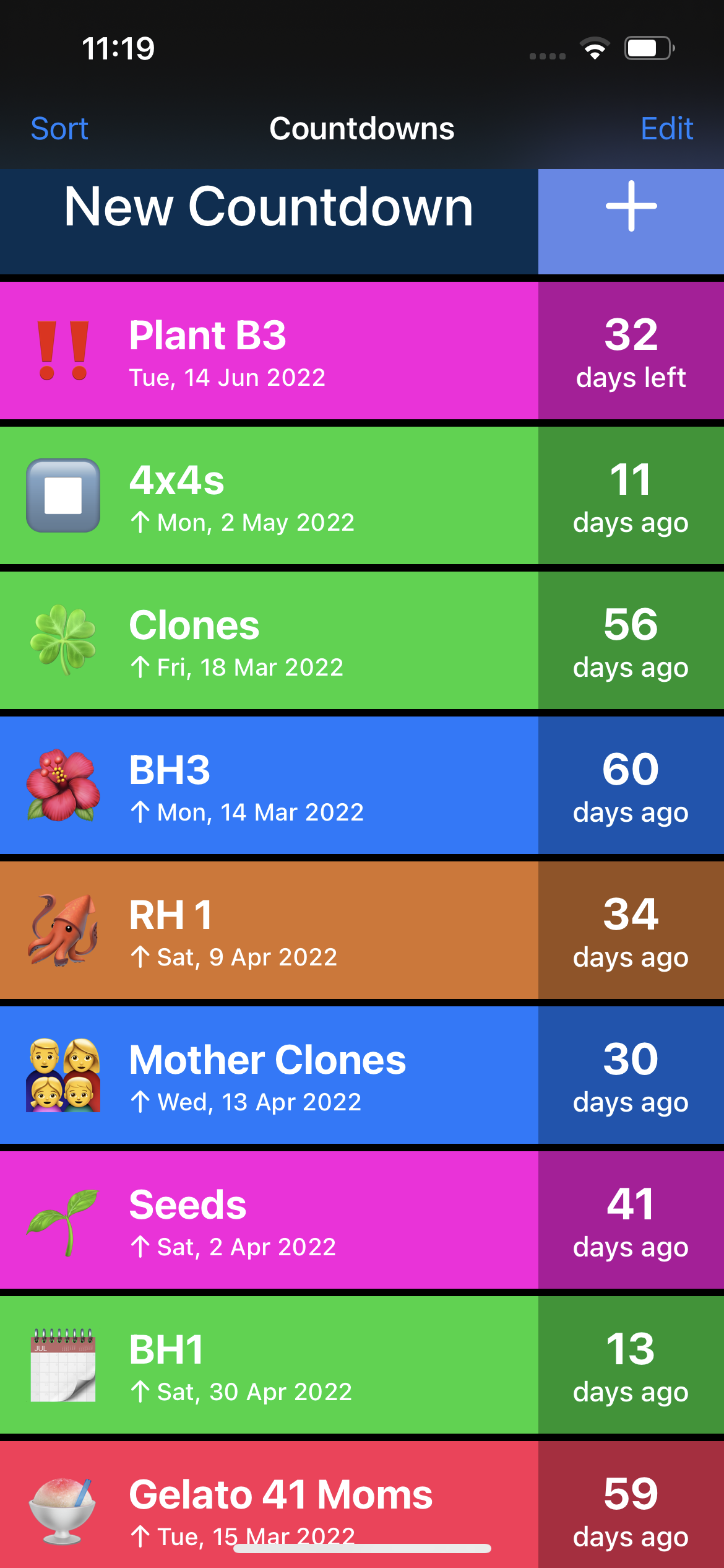 iPhone home screen showing a consumer countdown app with 9 active room and batch timers — Plant B3: 32 days left, BH3: 60 days ago, Gelato 41 Moms: 59 days ago — alongside cultivation and compliance apps.