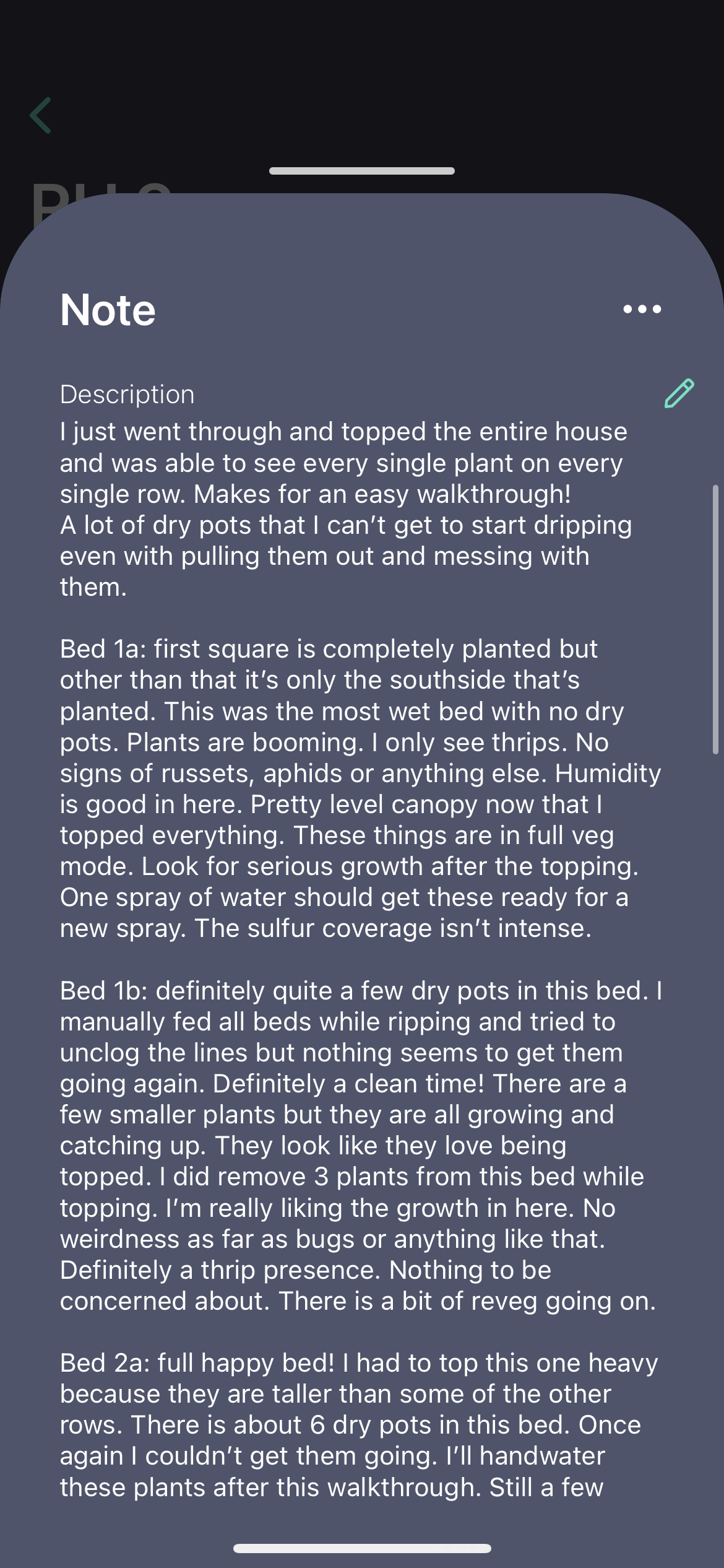 Real walkthrough entries from Wildcreek Farms, BH2 — bed-by-bed observations typed into a phone notes app, May 5 2022.