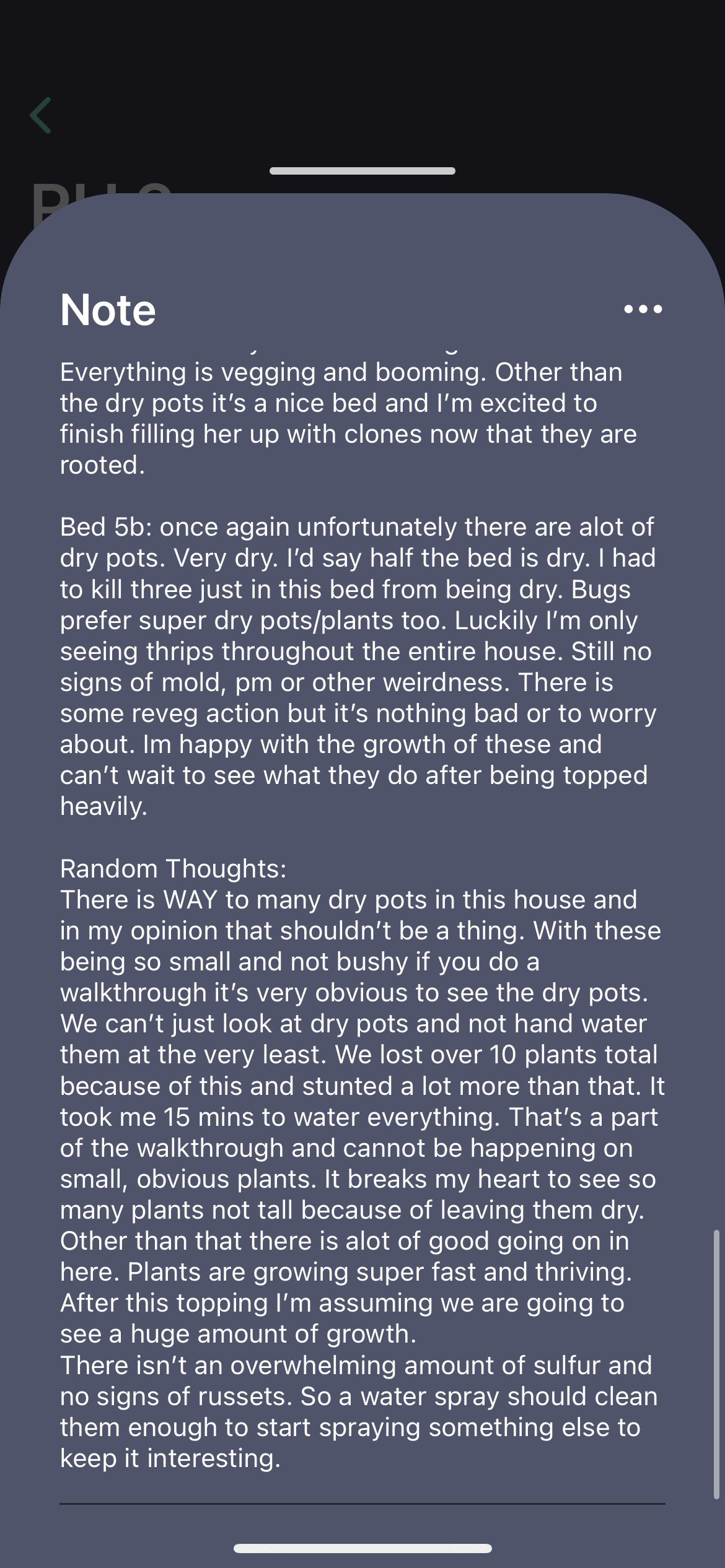 Continued walkthrough entries and 'Random Thoughts' section from Wildcreek Farms — the irrigation rant and heart-breaking dry pot observations.